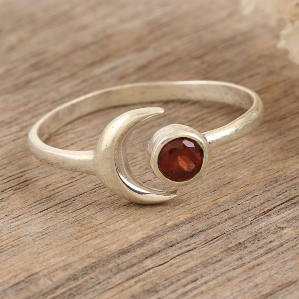 Moon Garnet and Sterling Silver Wrap Ring from India 'Celestial Beauty in Red'