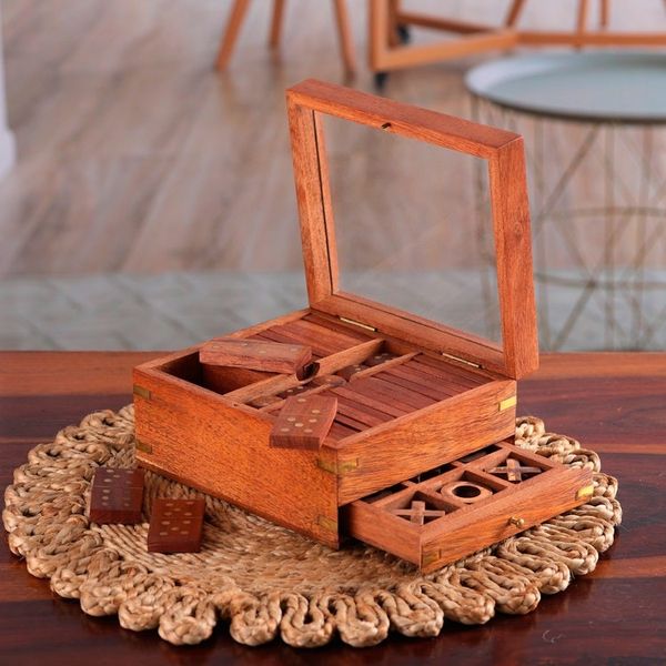 Alternate image for Handmade Acacia Wood and Glass Game Set with Brass Accents Clear Cunning