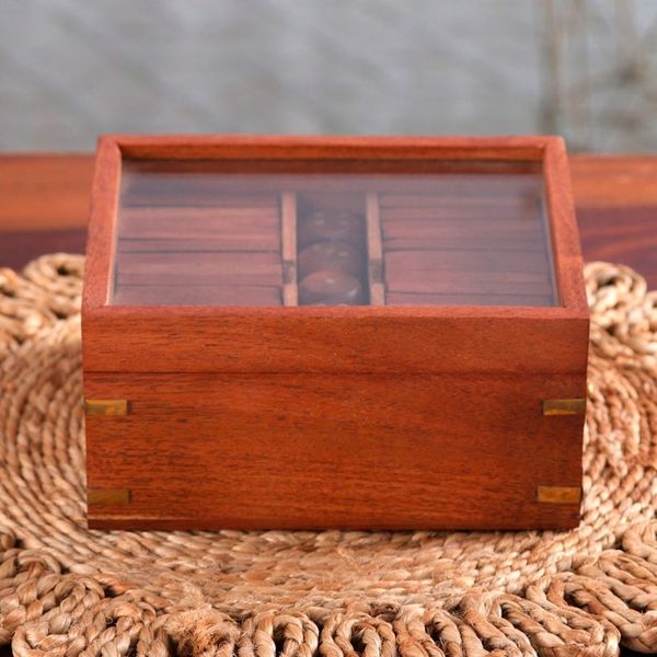 Alternate image for Handmade Acacia Wood and Glass Game Set with Brass Accents Clear Cunning