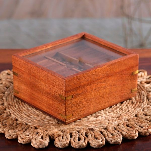 Alternate image for Handmade Acacia Wood and Glass Game Set with Brass Accents Clear Cunning