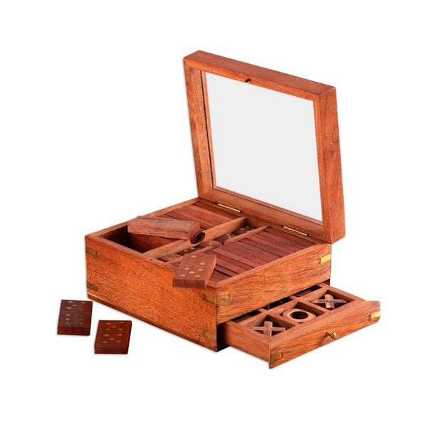 Alternate image for Handmade Acacia Wood and Glass Game Set with Brass Accents Clear Cunning