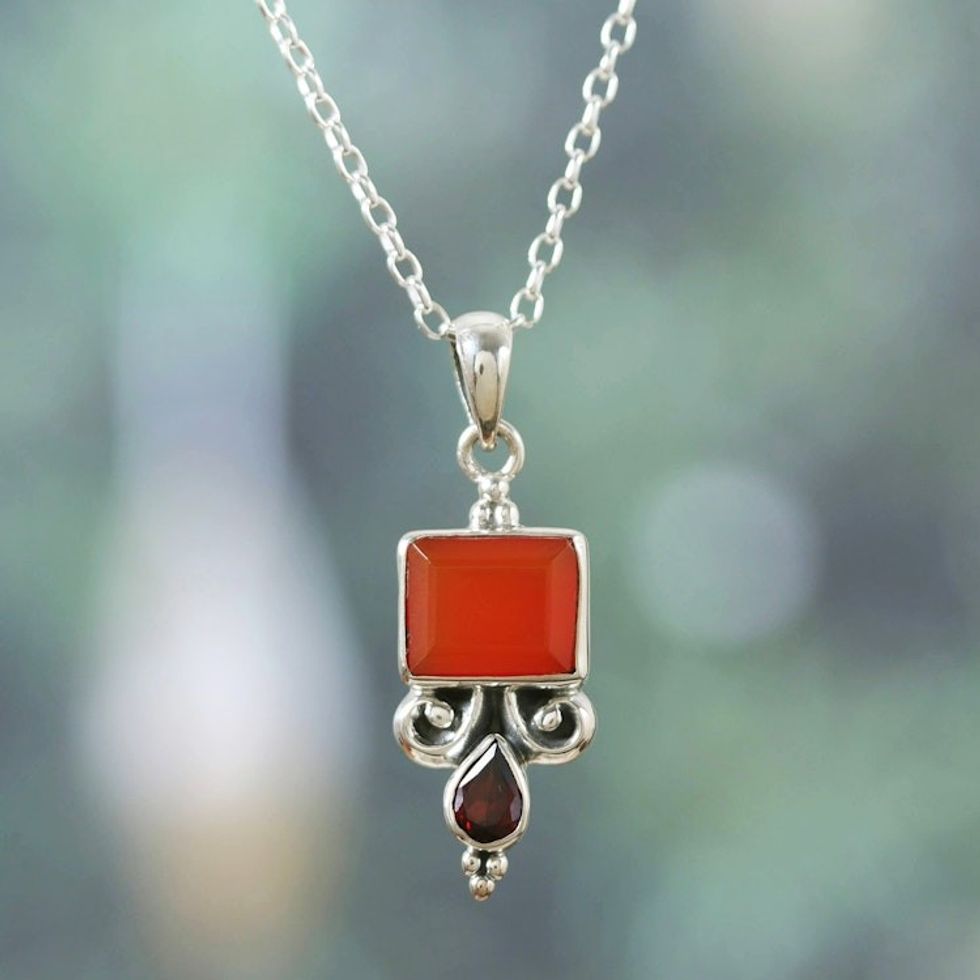 925 Silver Pendant Necklace with Carnelian and Garnet Stones 'Red Vibrancy'