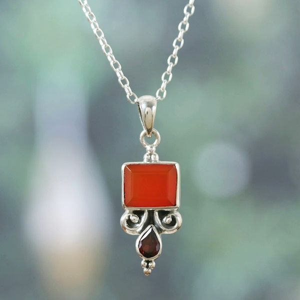 Alternate image for 925 Silver Pendant Necklace with Carnelian and Garnet Stones Red Vibrancy
