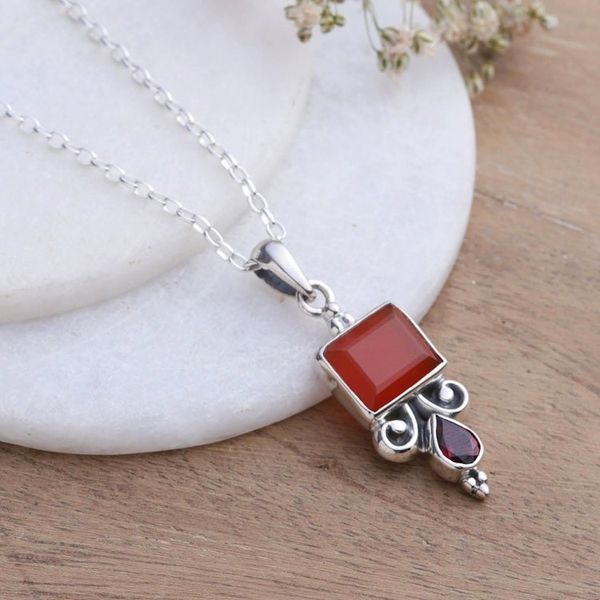 Alternate image for 925 Silver Pendant Necklace with Carnelian and Garnet Stones Red Vibrancy