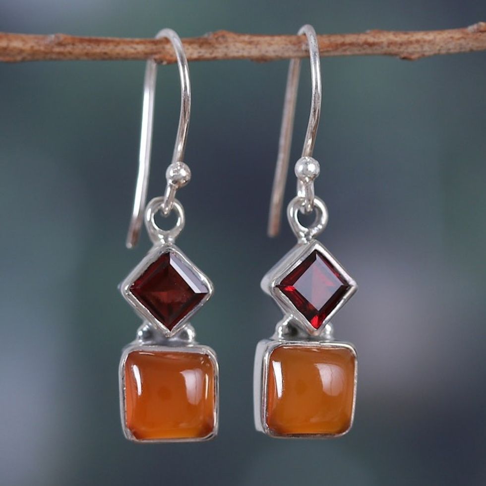 Sterling Silver Dangle Earrings with Carnelian and Garnet 'Flaming Harmony'