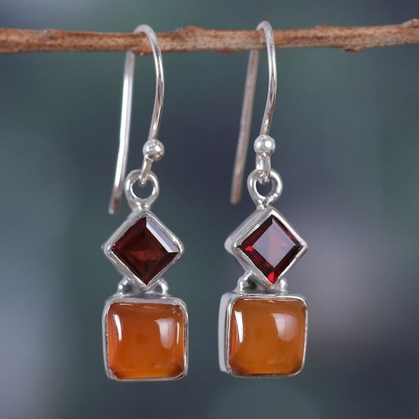 Alternate image for Sterling Silver Dangle Earrings with Carnelian and Garnet Flaming Harmony
