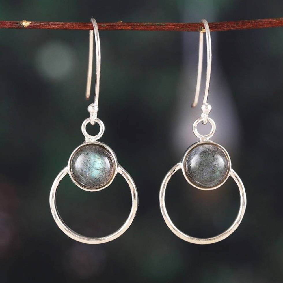 Polished 925 Silver Dangle Earrings with Labradorite Stones 'Evening Blaze'