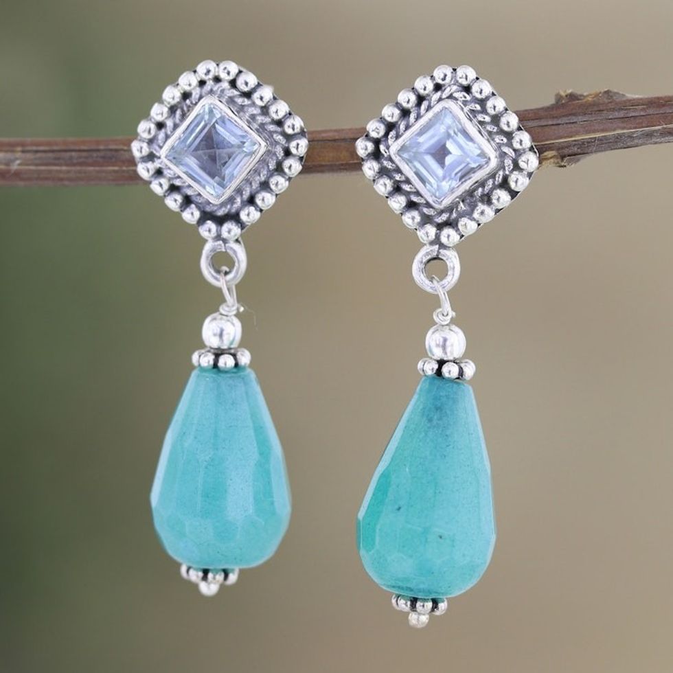1-Carat Blue Topaz and Agate Dangle Earrings from India 'Royal Loyalty'