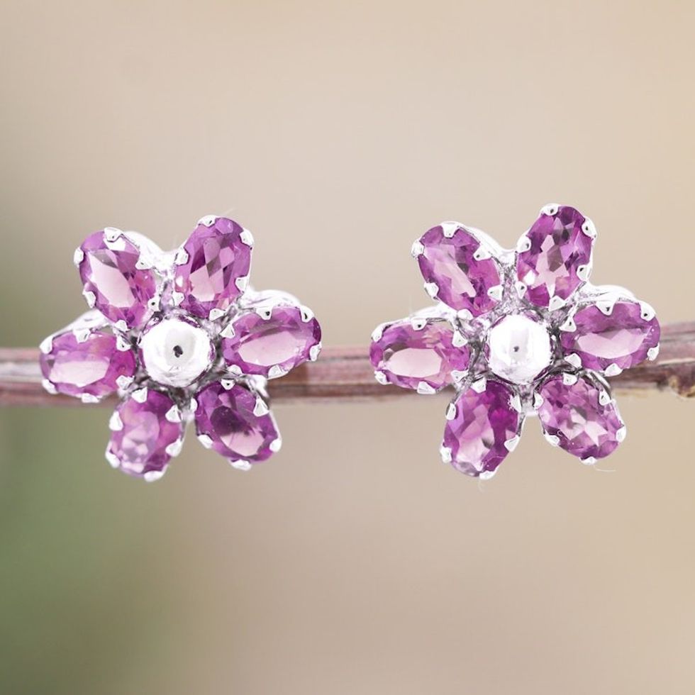 Floral Rhodium-Plated Button Earrings with Amethyst Jewels 'Wisdom Petals'