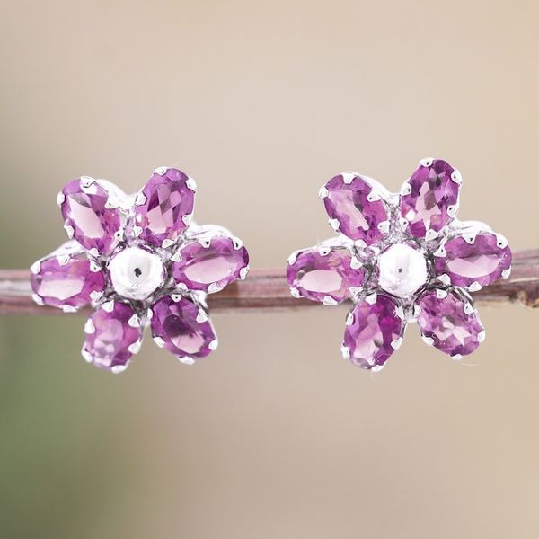 Alternate image for Floral Rhodium-Plated Button Earrings with Amethyst Jewels Wisdom Petals