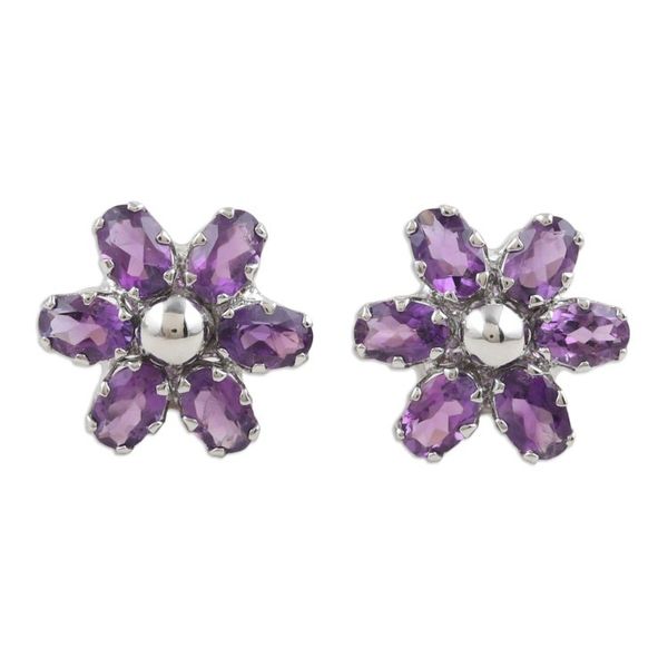 Alternate image for Floral Rhodium-Plated Button Earrings with Amethyst Jewels Wisdom Petals
