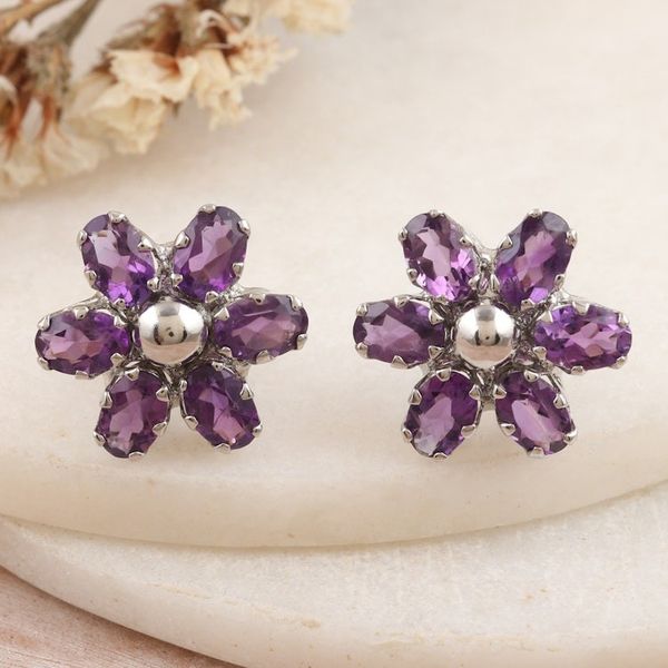 Alternate image for Floral Rhodium-Plated Button Earrings with Amethyst Jewels Wisdom Petals