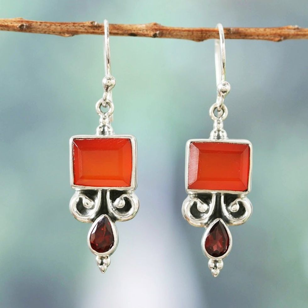 Sterling Silver Dangle Earrings with Carnelian Garnet Stones 'Red Vibrancy'