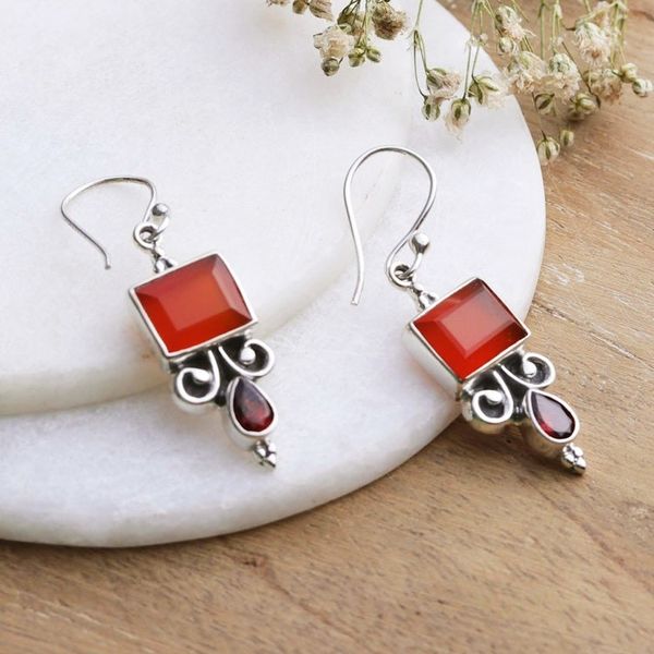 Alternate image for Sterling Silver Dangle Earrings with Carnelian Garnet Stones Red Vibrancy
