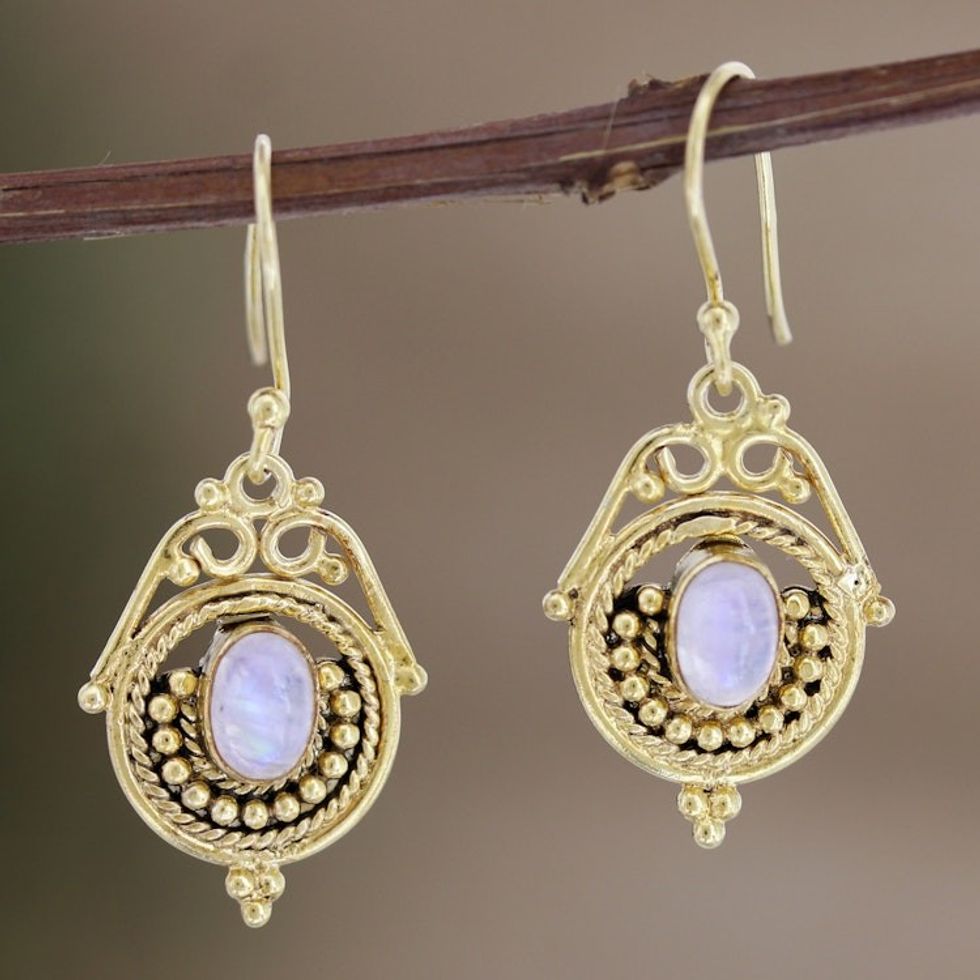 14k Gold-Plated Dangle Earrings with Rainbow Moonstones 'Harmonious Glory'