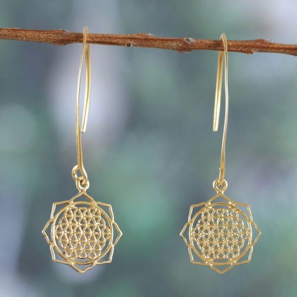 Alternate image for Shri Yantra Mantra Motif 22k Gold-Plated Dangle Earrings Shri Yantra Mantra Victory