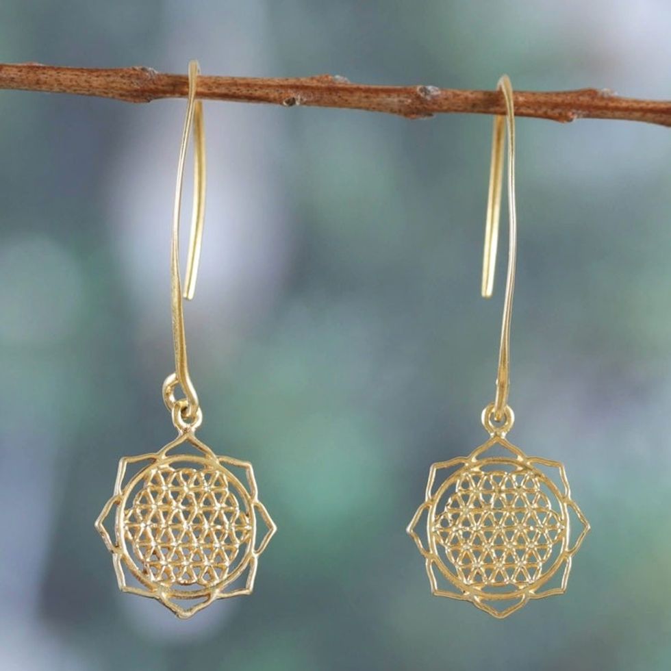 Shri Yantra Mantra Motif 22k Gold-Plated Dangle Earrings 'Shri Yantra Mantra Victory'