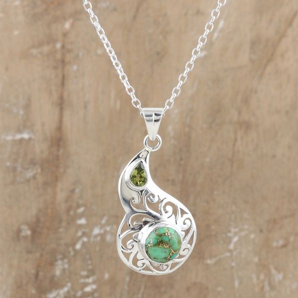 Alternate image for Faceted Peridot and Composite Turquoise Pendant Necklace Lagoon Harmony