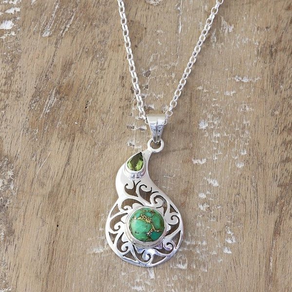 Alternate image for Faceted Peridot and Composite Turquoise Pendant Necklace Lagoon Harmony