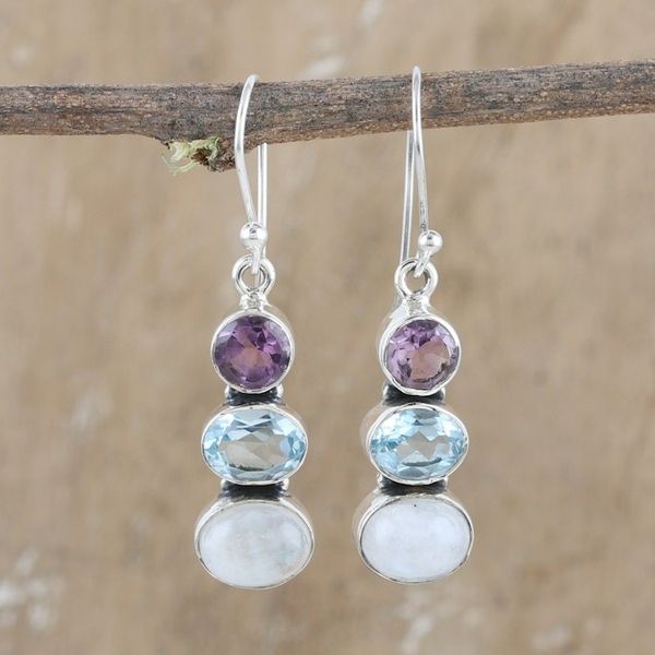 Alternate image for Multi-Gemstone and Sterling Silver Dangle Earrings Terrific Trio