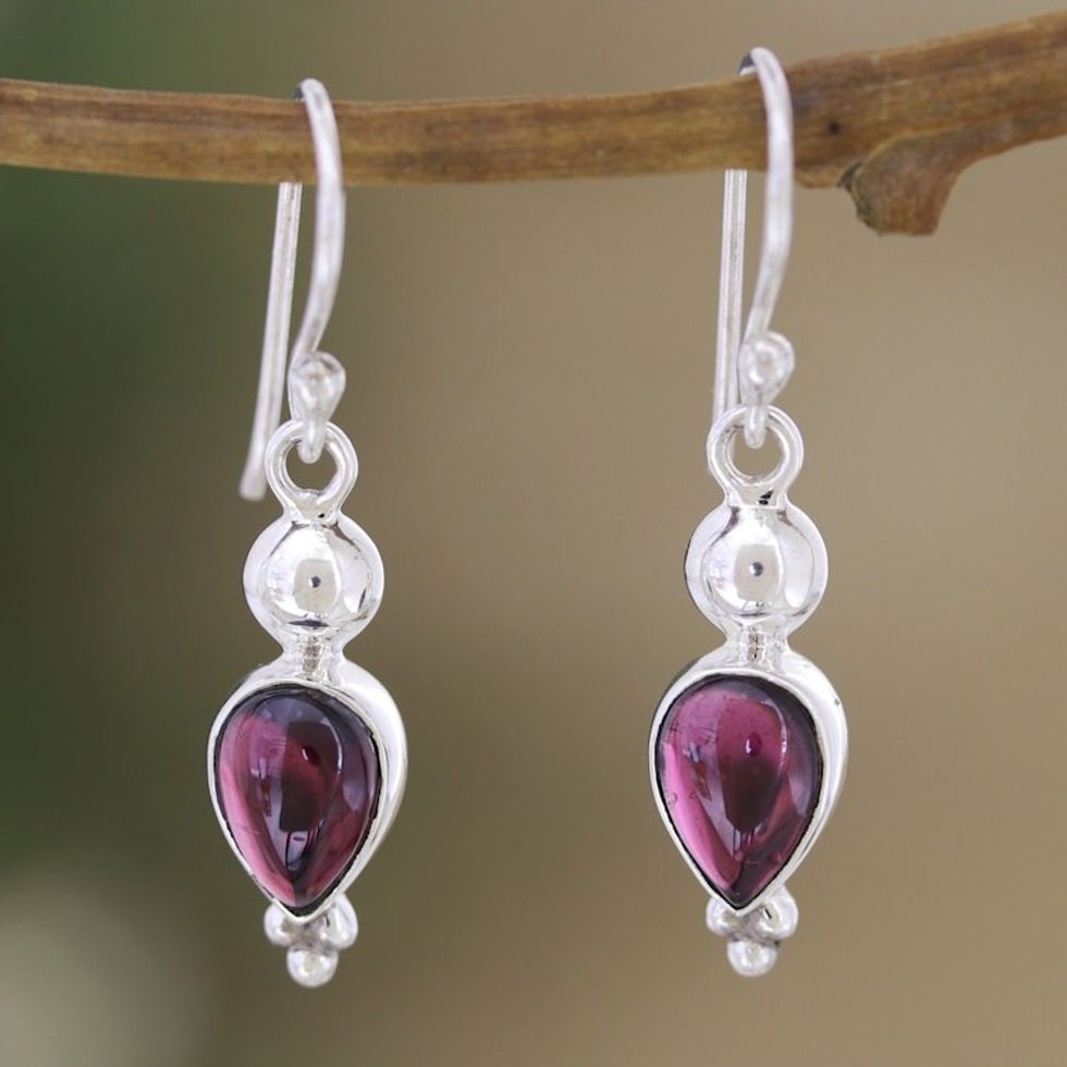 Polished Sterling Silver Dangle Earrings with Faceted Garnet 'Noble Passion'