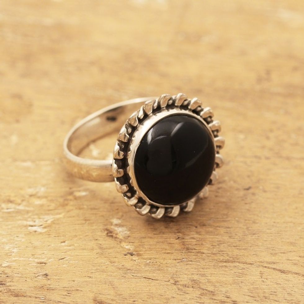 925 Silver Cocktail Ring with Black Onyx Stone from India 'Midnight Bloom'