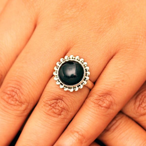 Alternate image for 925 Silver Cocktail Ring with Black Onyx Stone from India Midnight Bloom