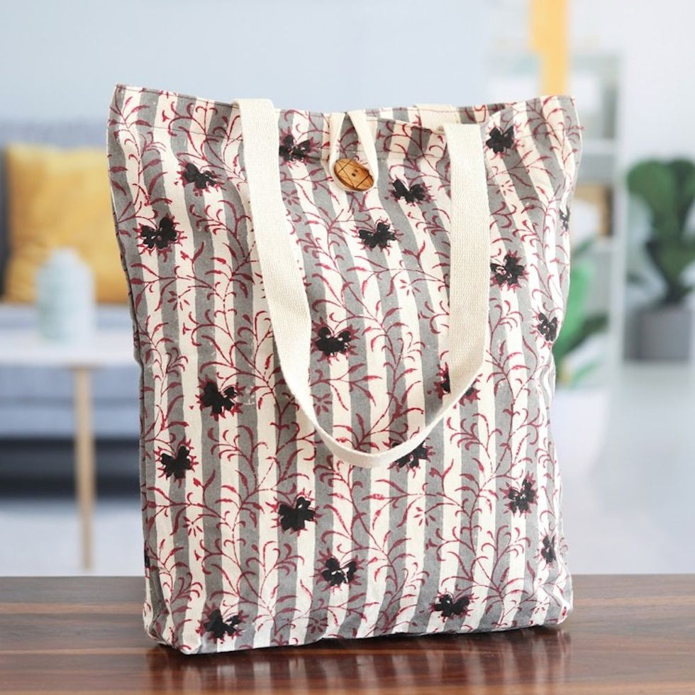 Leafy Block-Printed Cotton Tote Bag in Red and Grey 'Red Vines'