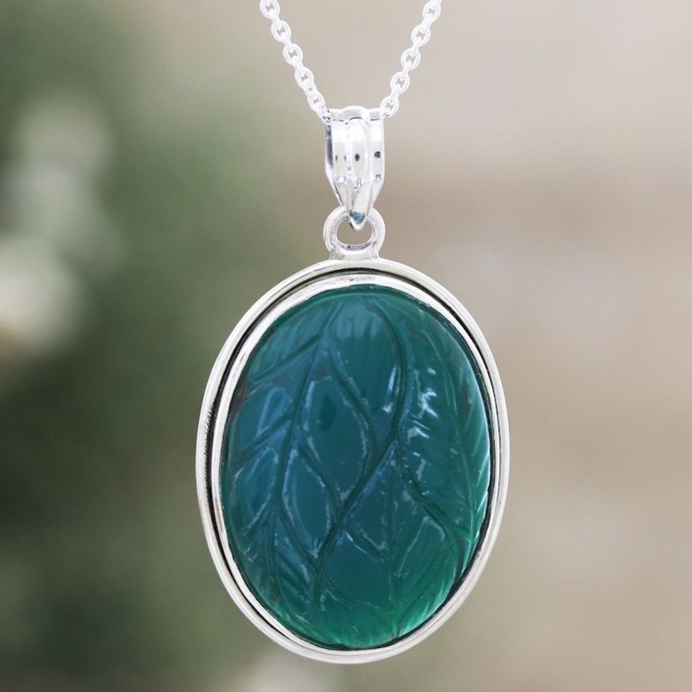 Green Onyx and Sterling Silver Pendant Necklace from India 'Leaf Fantasy'