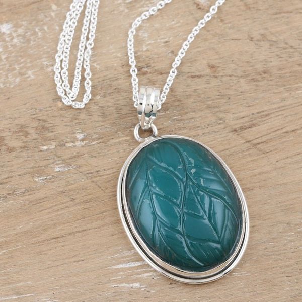 Alternate image for Green Onyx and Sterling Silver Pendant Necklace from India Leaf Fantasy