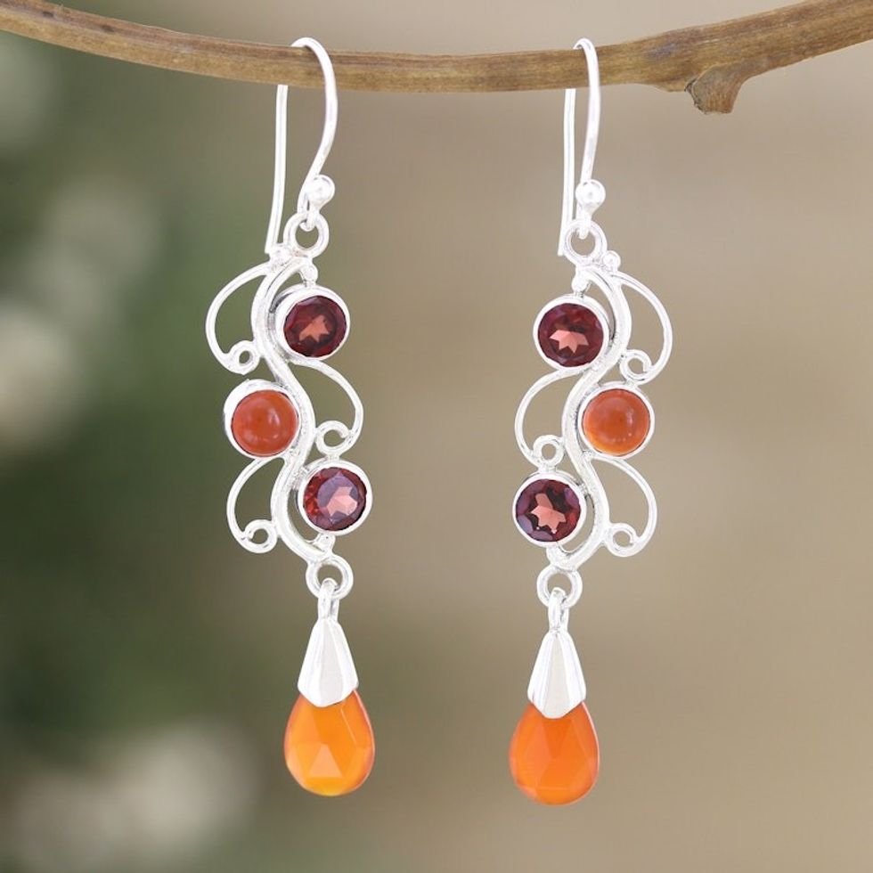 Polished Dangle Earrings with Carnelian and Garnet Stones 'Enchanted Jewels'