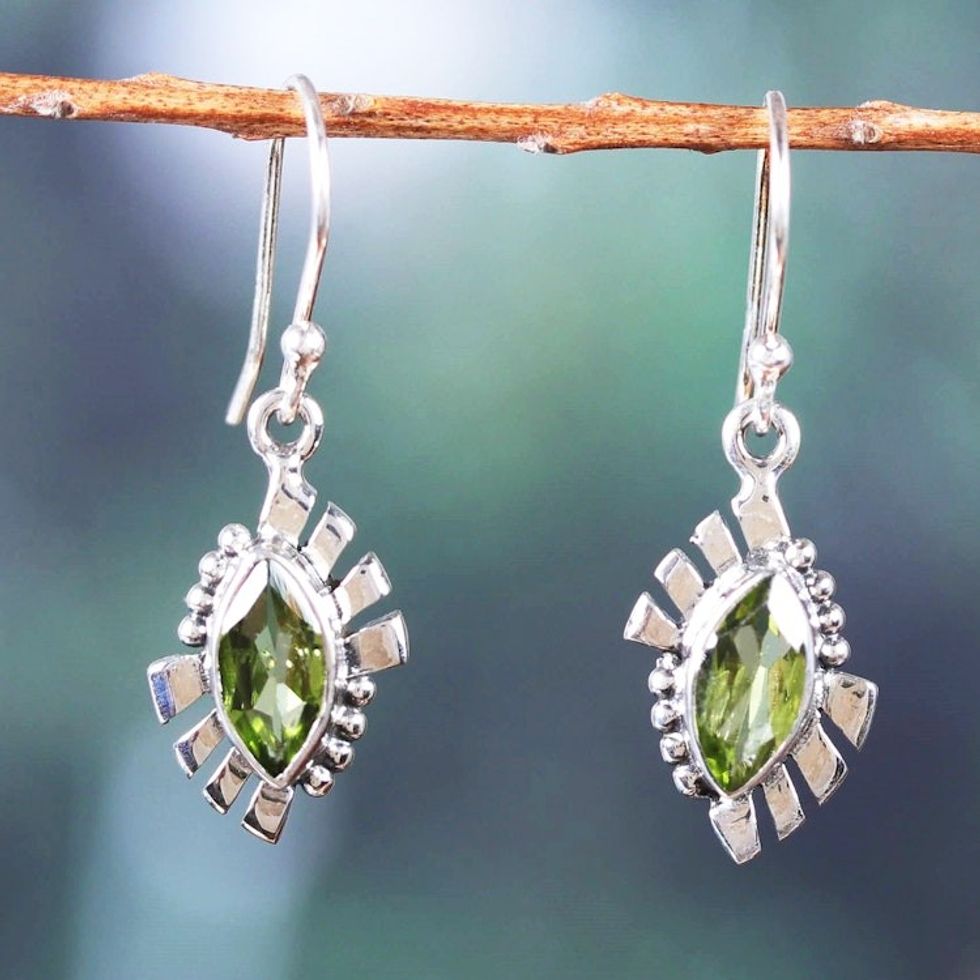 Polished Geometric Sterling Silver Peridot Dangle Earrings 'Fortunate Eyes'