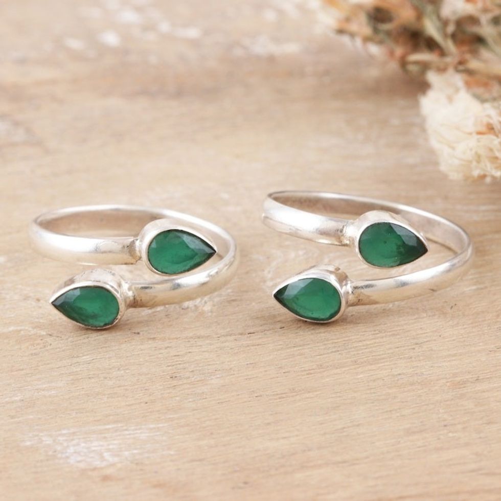 Sterling Silver Toe Rings with Green Onyx Stones Pair 'Mystic Nature'