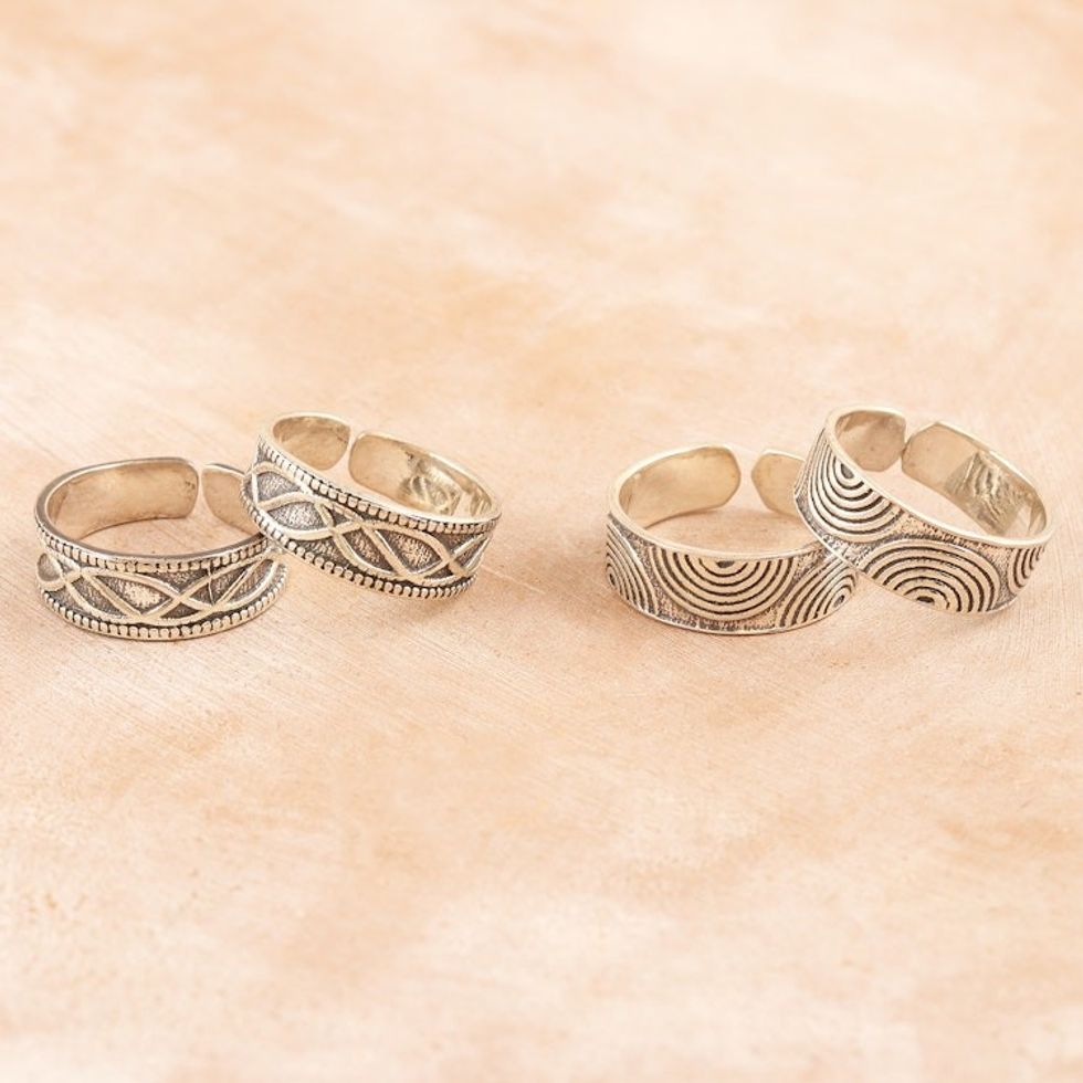 Sterling Silver Toe Rings with Two Patterns 2 Pairs 'Waves and Loops'