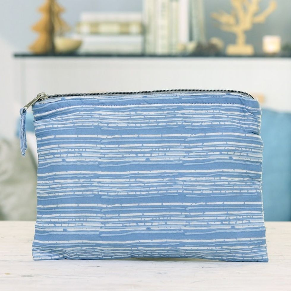 Cotton Cosmetic Bag with Hand-Block Printed Striped Pattern 'Sky Contours'