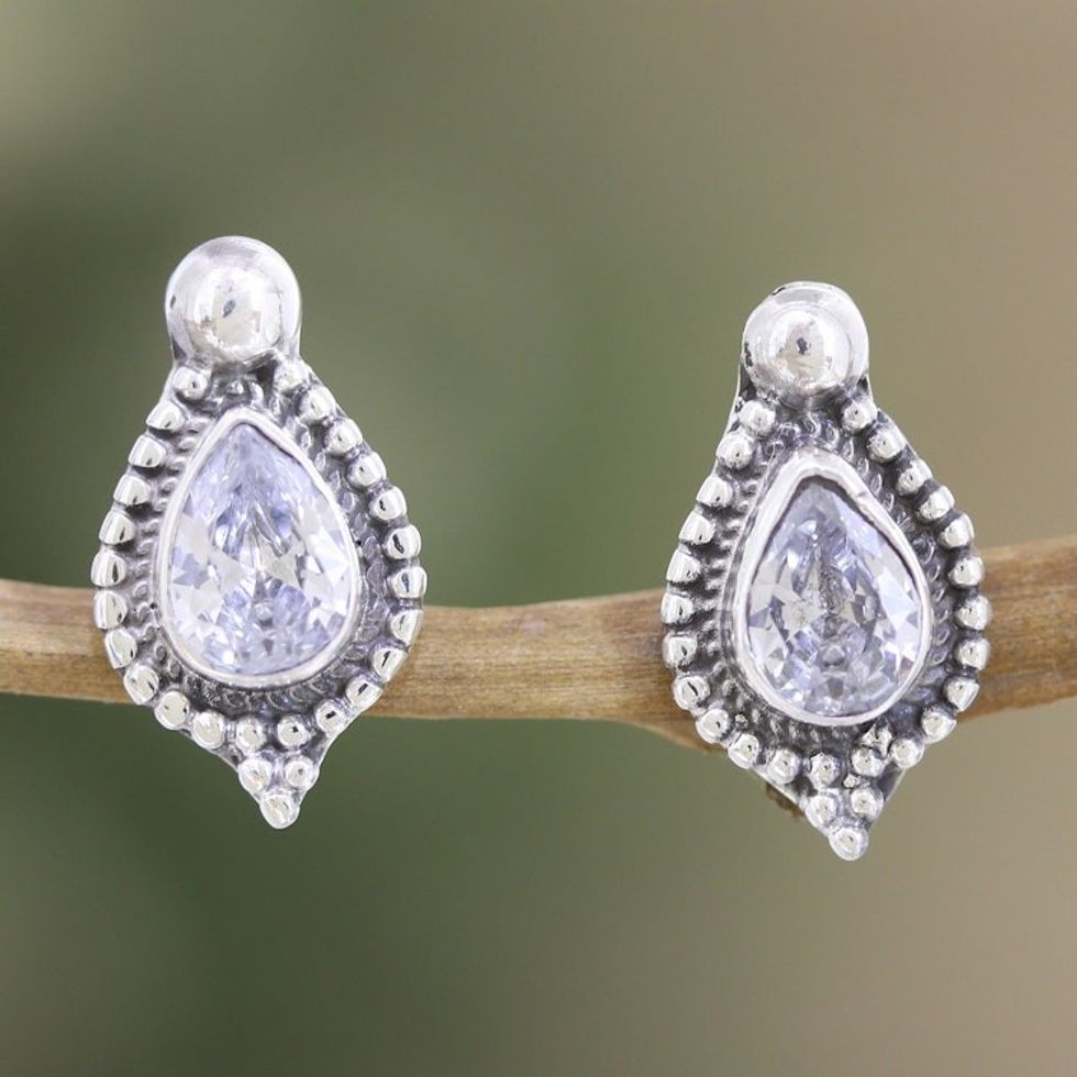 Sterling Silver Button Earrings with Cubic Zirconia Stones 'Clarity Drops'