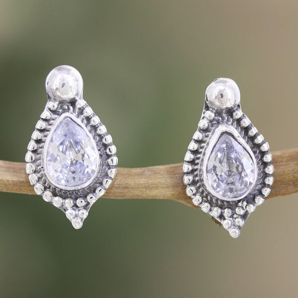 Alternate image for Sterling Silver Button Earrings with Cubic Zirconia Stones Clarity Drops