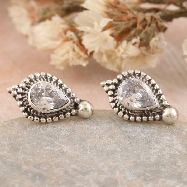 Alternate image for Sterling Silver Button Earrings with Cubic Zirconia Stones Clarity Drops