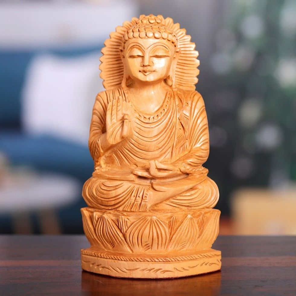 Hand-Carved Kadam Wood Sculpture of Master Buddha 'Enlightened Sanctity'