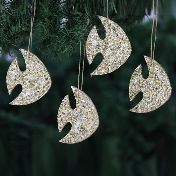 Alternate image for Set of 4 Handmade Beaded Wood Fish Ornaments with Jute Cords Shiny Ocean