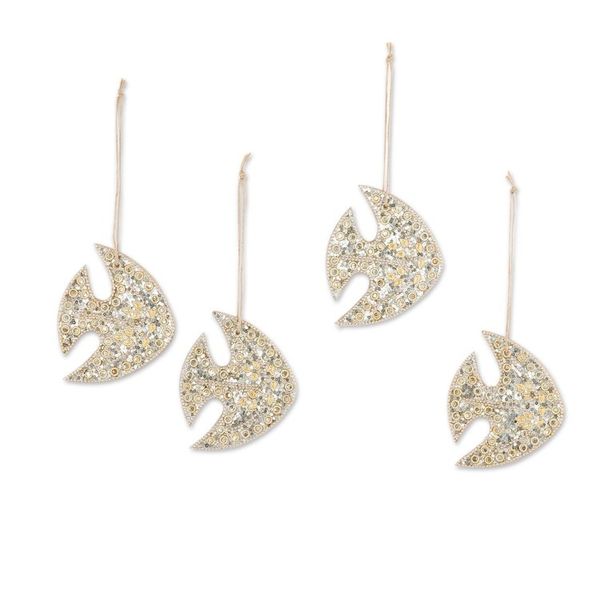 Alternate image for Set of 4 Handmade Beaded Wood Fish Ornaments with Jute Cords Shiny Ocean