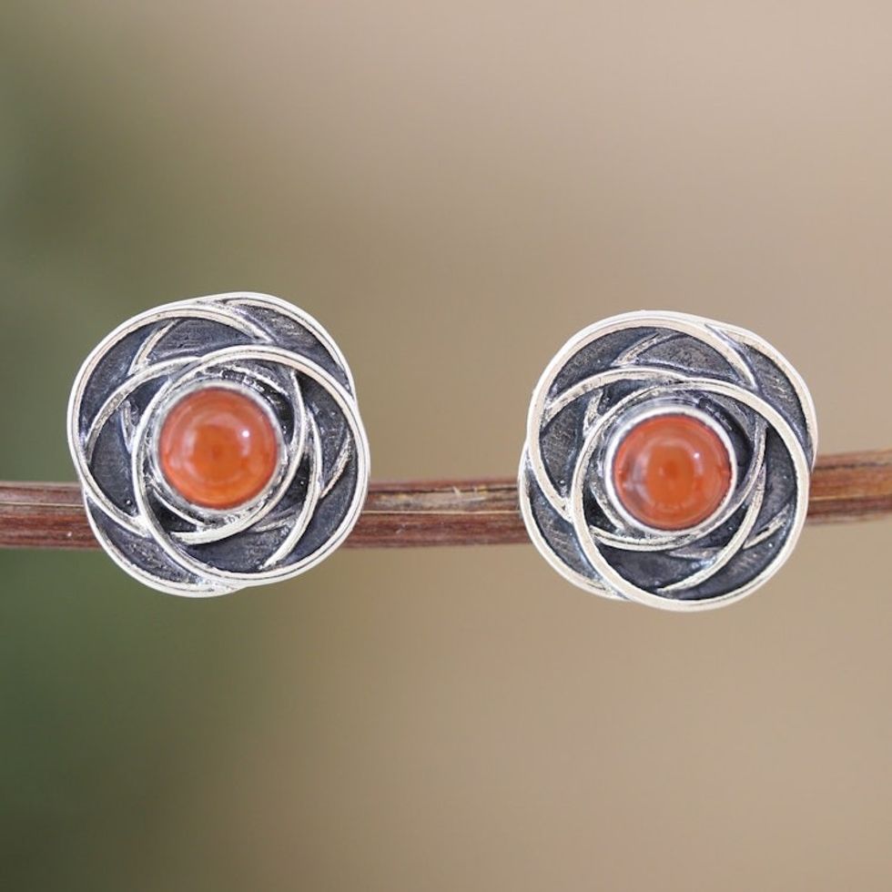Floral-Inspired Button Earrings with Natural Carnelian Gems 'Flourishing Confidence'