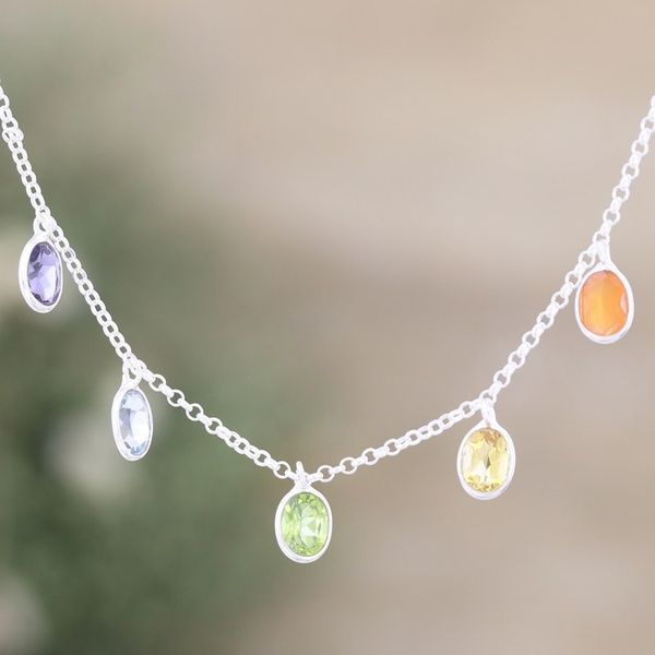 Alternate image for Sterling Silver Charm Necklace with Faceted Gemstones Sweet Rainbow Souls