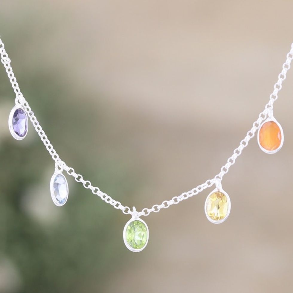 Sterling Silver Charm Necklace with Faceted Gemstones 'Sweet Rainbow Souls'