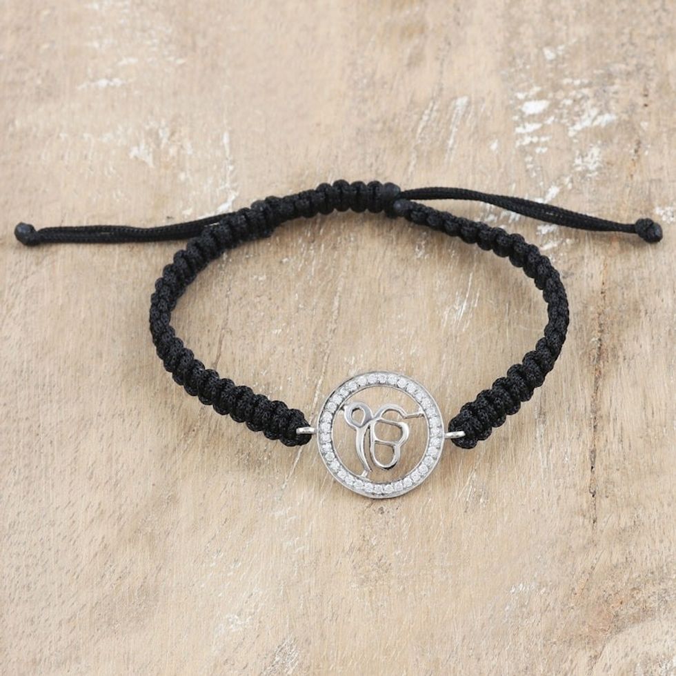 Black Macrame Cord Bracelet with Ek Onkar Pendant and Gems 'Bonds of Divinity'
