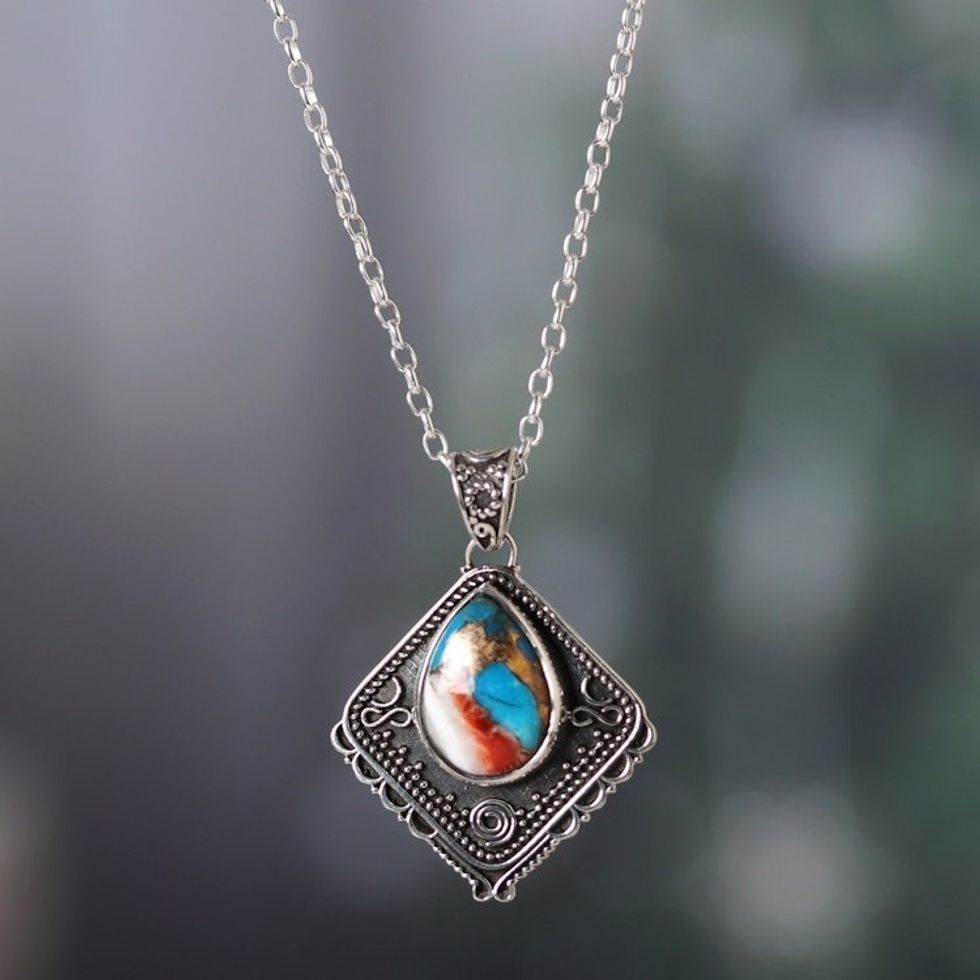 Kite-Shaped Recon Turquoise Pendant Necklace from India 'Colorful Kite'