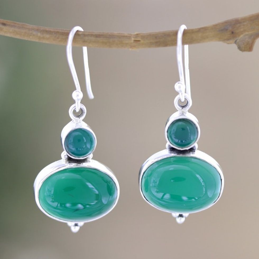Sterling Silver Dangle Earrings with Green Onyx Cabochons 'Forest Dancer'