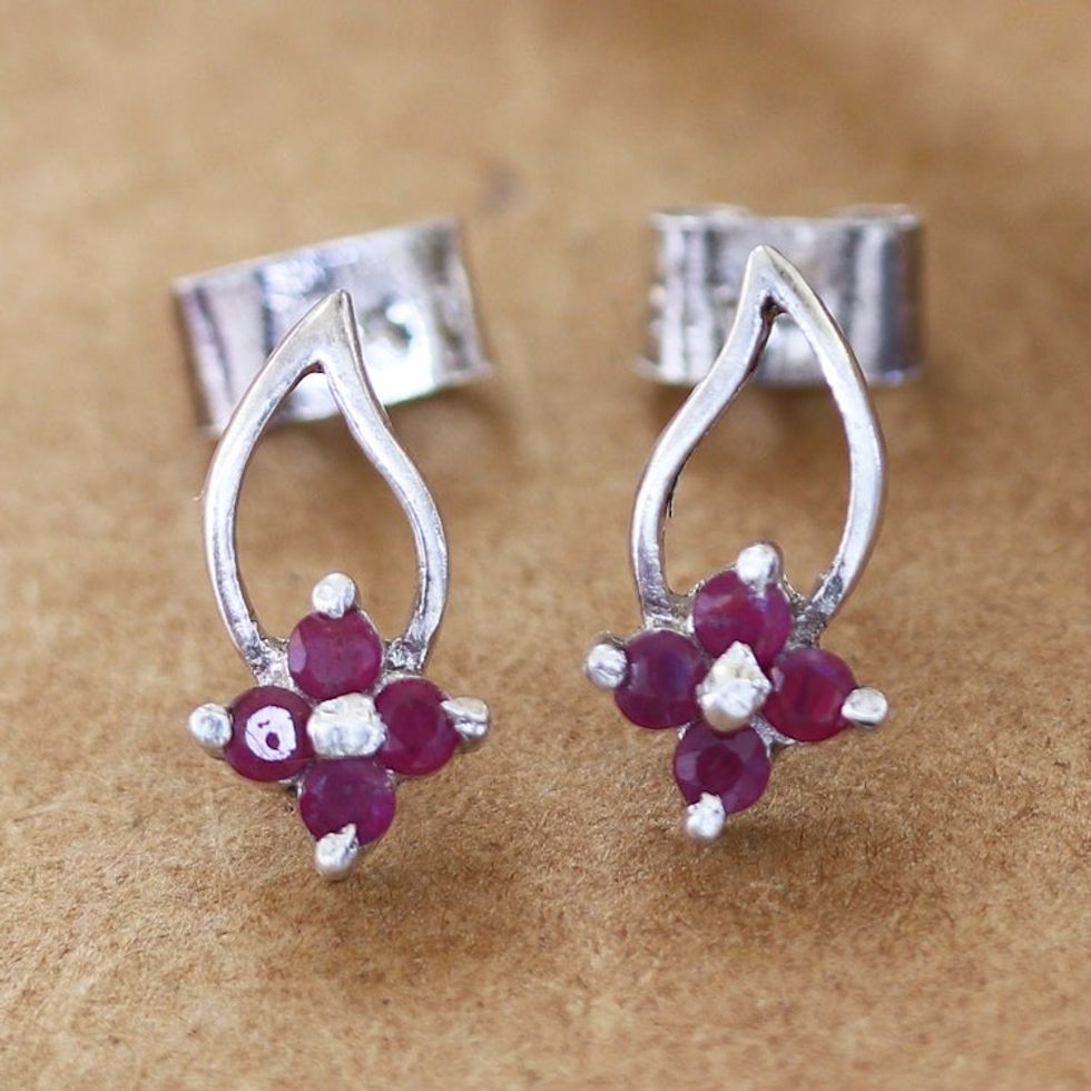 Floral Sterling Silver Drop Earrings with Ruby Stones 'Spring of Passion'