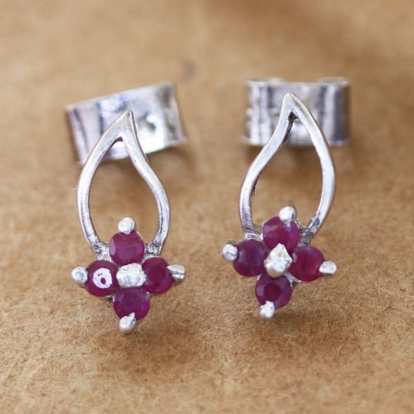 Alternate image for Floral Sterling Silver Drop Earrings with Ruby Stones Spring of Passion