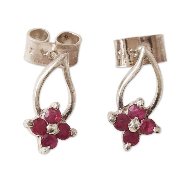 Alternate image for Floral Sterling Silver Drop Earrings with Ruby Stones Spring of Passion